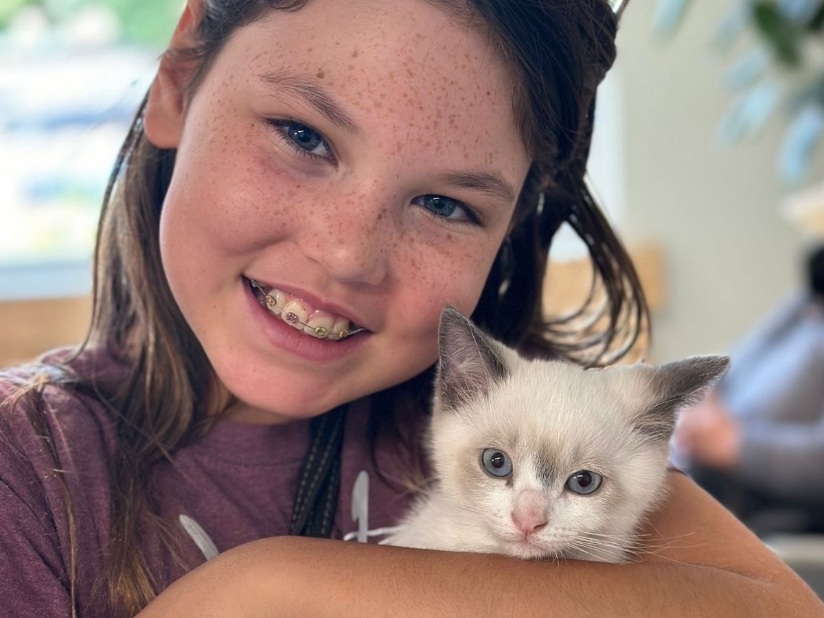A child holding a kitten in their arms