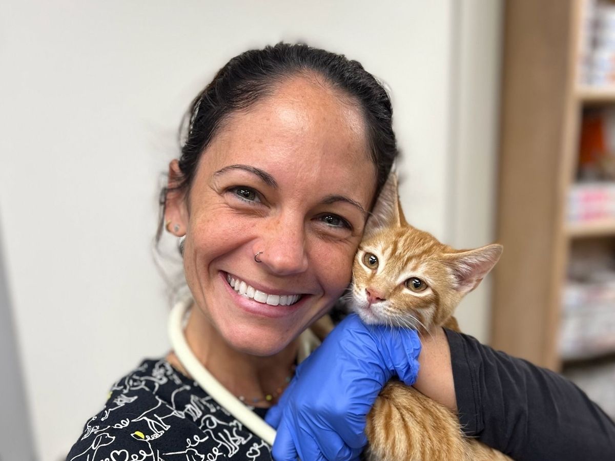 a smiling person holding an orange and white cat